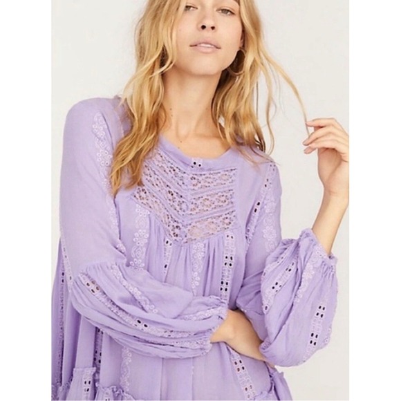 Free People Dresses & Skirts - Free People Lavender Purple Embroidered Eyelet Lace Tunic Top Boho Size Small